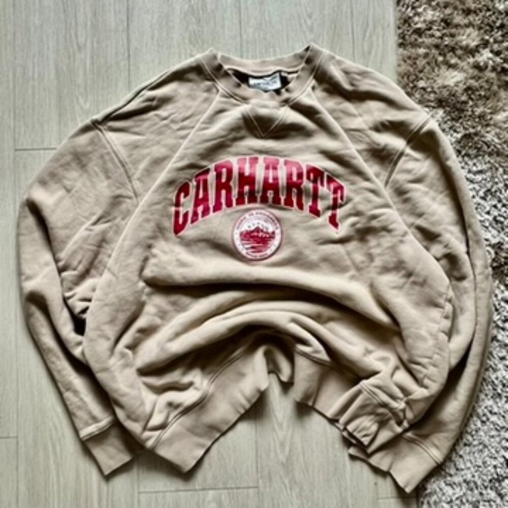 Carhartt WIP Tan Crewneck Sweatshirt with Red Logo